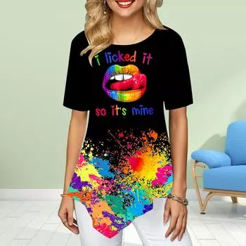 Женские футболки больших размеров с принтом «губы» и цветочным принтом, свободные повседневные топы, женская нестандартная летняя одежда XS чёрный