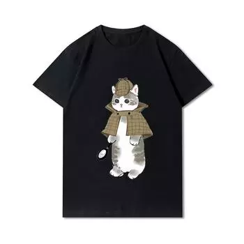 Женские футболки больших размеров с принтом кошки и акулы, хлопковые топы с круглым вырезом, летние повседневные черные футболки с животными большого размера S