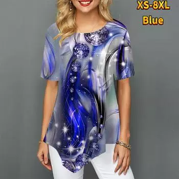 Женские футболки больших размеров с ромбовидным принтом, свободные повседневные топы, женская нерегулярная летняя одежда XS синий