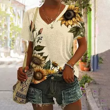Женские футболки большого размера с принтом подсолнечника, повседневный стиль, пуловер, свободная футболка с короткими рукавами и v-образным вырезом, женская одежда, лето 2024 г. XL
