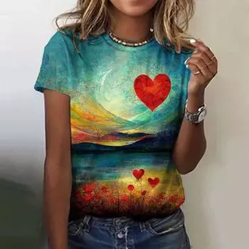 Женские футболки большого размера с принтом 3D Love, модные повседневные женские с коротким рукавом и круглым вырезом, женская одежда Harajuku 2025 Лето XXS