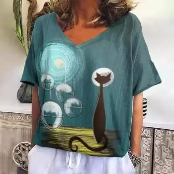 Женские футболки большого размера с V-образным вырезом и коротким рукавом, летняя одежда с принтом животных, 3D-футболки с изображением женщины-кошки из мультфильма, новинка 2024 года, уличные топы S
