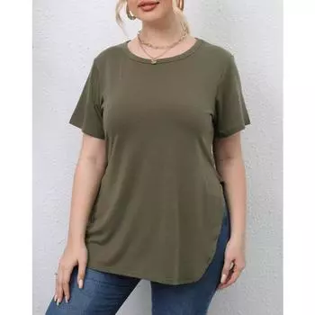 Женские футболки большого размера, женская однотонная летняя одежда, повседневный минималистичный топ, футболка с короткими рукавами и круглым вырезом с разрезом 0XL/L чёрный