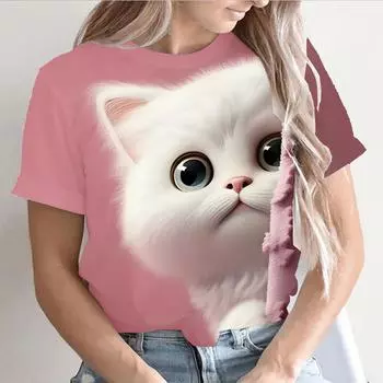 Женские футболки для девочек, футболка с 3D принтом кота, летняя модная повседневная уличная футболка с короткими рукавами, футболки, женская одежда Y2k 100