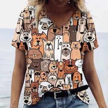 Женские футболки Футболка с принтом мультяшного кота Футболка Harajuku Vintage с короткими рукавами Футболки с V-образным вырезом Забавный топ Женская одежда больших размеров XXS