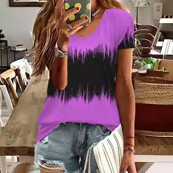 Женские футболки Футболки с градиентным принтом Женские топы Пуловеры с V-образным вырезом Повседневная спортивная уличная одежда Топы с коротким рукавом Летние футболки S