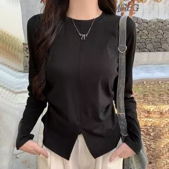 Женские футболки Harajuku из чистого хлопка с разрезом снизу, весна-осень, с длинным рукавом и круглым вырезом, повседневные, однотонные, тонкие, женские, черные, топы y2k S