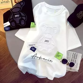 Женские футболки Harajuku, топы больших размеров для девочек, с круглым вырезом и короткими рукавами, свободная летняя футболка с вышивкой, футболка с медведем, футболки M белый