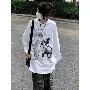 Женские футболки High Street Oversize, белые винтажные футболки с длинными рукавами и буквами, ручная роспись, топы в стиле хип-хоп, гранж, футболки Y2k, американские футболки S белый