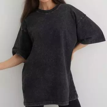 Женские футболки из хлопка, стираные, ретро, с круглым вырезом, повседневные, винтажные, с коротким рукавом, свободная, женская, базовая одежда S чёрный