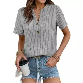 Женские футболки Элегантная повседневная и удобная футболка с меховой отделкой в полоску, V-образным вырезом и короткими рукавами L серый