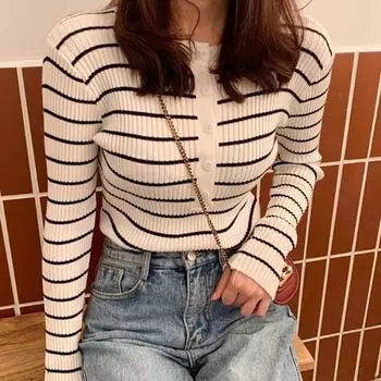 Женские футболки Элегантные полосатые трикотажные футболки на пуговицах с длинным рукавом Узкие женские трикотажные футболки 2024 Осень Зима One Size чёрный