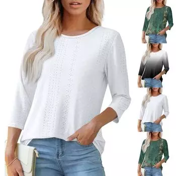 Женские футболки Элегантные повседневные рубашки с принтом Короткие рукава Летние топы Свободный крой L чёрный