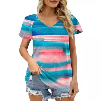 Женские футболки, красочный полосатый топ с принтом, короткий пуловер с рукавами, модная повседневная футболка большого размера с v-образным вырезом, женская одежда 2024 L