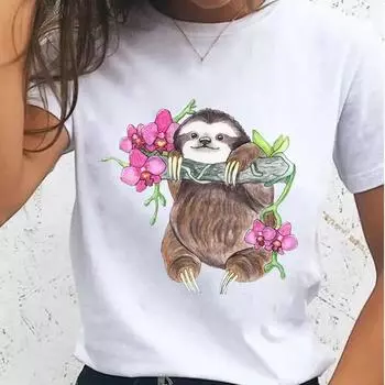 Женские футболки Ленивец животное ленивый цветок милая женская футболка с героями мультфильмов одежда с коротким рукавом Повседневная модная женская футболка с графическим принтом S белый
