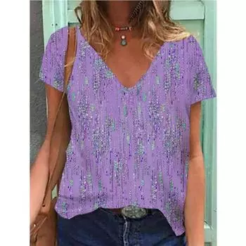 Женские футболки Летние Градиентные Топы V-образный вырез Мода Женская Винтажная одежда Цветочный принт S