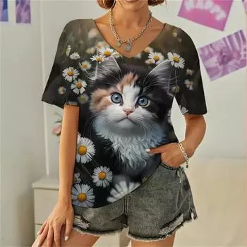 Женские футболки, летние милые топы с принтом «кошачий цветок» и 3D-принтом, повседневная мода, уличная одежда, футболка с коротким рукавом и V-образным вырезом, топы Harajuku, футболки S