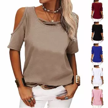 Женские футболки Летние повседневные футболки с открытыми плечами Свободные топы с коротким рукавом S чёрный