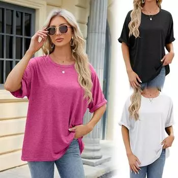Женские футболки летние свободные повседневные топы с коротким рукавом и круглым вырезом S