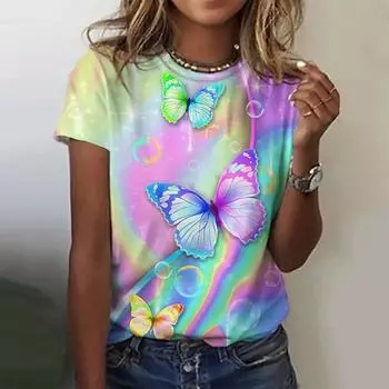 Женские футболки, летняя мода, топ с короткими рукавами и 3d принтом бабочки, женская одежда, футболки большого размера с круглым вырезом, футболки в стиле Харадзюку 4XL