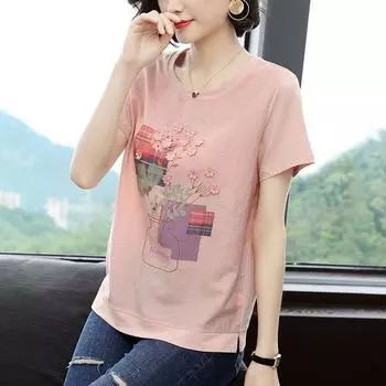 Женские футболки Летняя женская футболка с принтом из белого хлопка с коротким рукавом Свободная женская футболка с рукавом «летучая мышь» Футболки больших размеров M розовый