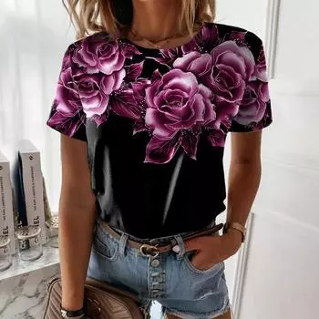Женские футболки, модные 3D-цветочные принты, футболки для женщин, повседневная уличная одежда, топы с короткими рукавами, женская одежда, футболки, майки XXS
