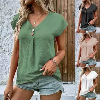 Женские футболки модные летние весенние повседневные однотонные принты с коротким рукавом и V-образным вырезом блузки и рубашки S хаки