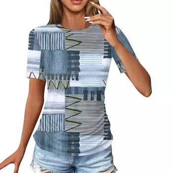 Женские футболки, модные повседневные топы с круглым вырезом и коротким рукавом, туника с принтом XXL синий