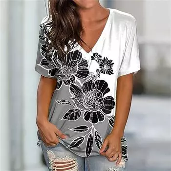Женские футболки, модные топы с v-образным вырезом и короткими рукавами с цветочным принтом, футболки, повседневные кофты на каждый день, женская футболка, свободная одежда Y2k 3XL