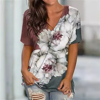 Женские футболки, модные топы с v-образным вырезом и короткими рукавами с цветочным принтом, футболки, повседневные кофты на каждый день, женская футболка, свободная одежда Y2k S