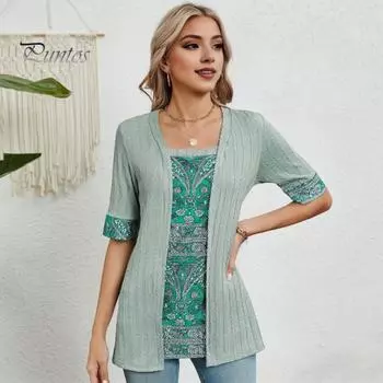 Женские футболки на весну и лето, пуловеры с квадратным воротником и половиной рукавов, футболки из двух предметов с цветочным принтом, уличная одежда 2XL зелёный