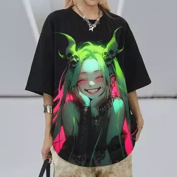 Женские футболки, новые хлопковые футболки с принтом персонажей аниме 3D, летние свободные топы для девочек, футболки с коротким рукавом большого размера XS