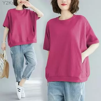 Женские футболки однотонные летние 2024 г. с коротким рукавом, топы-пуловеры, свободные уличные футболки с круглым вырезом, женские повседневные свободные футболки M чёрный