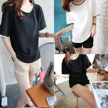 Женские футболки, однотонные женские повседневные футболки с коротким рукавом и круглым вырезом чёрный