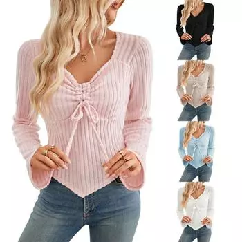 Женские футболки осень-весна однотонные с V-образным вырезом и длинными рукавами, женская футболка-пуловер S чёрный