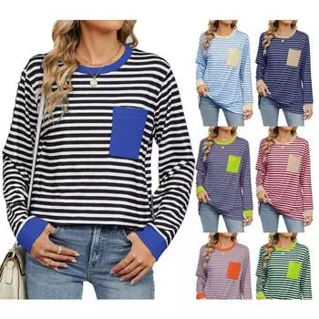 Женские футболки осень-зима с круглым вырезом, контрастными карманами и разрезами, свободный топ с длинными рукавами, женские S