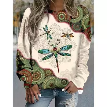 Женские футболки осень/зима с принтом животных, длинные рукава, имитация хлопка, футболка с круглым вырезом, свободные топы больших размеров, одежда 2024 S