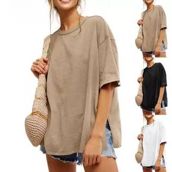 Женские футболки оверсайз, летние повседневные футболки с коротким рукавом, свободный крой, боковые разрезы, топы L чёрный