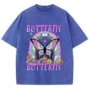 Женские футболки оверсайз с принтом радуги и бабочки, хлопковые футболки с круглым вырезом, футболки оверсайз, винтажная одежда S
