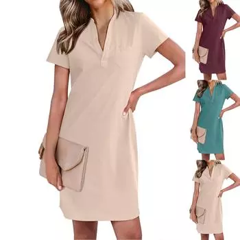 Женские футболки-платья, летние повседневные свободные платья с коротким рукавом и V-образным вырезом, модная весенняя одежда L чёрный