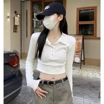 Женские футболки, поло на пуговицах, повседневные футболки с длинным рукавом и утягивающим эффектом, повседневные футболки для девочек, одежда для клубных вечеринок S белый