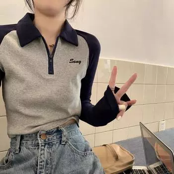 Женские футболки-поло с длинными рукавами для девочек, топы Y2K, активная одежда, женские сексуальные футболки S серый