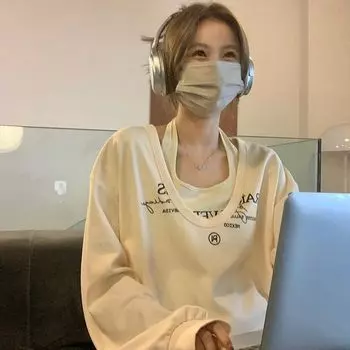 Женские футболки, повседневные, большие размеры в Корейском стиле, Harajuku Sweet Y2k, уличная одежда, комплект из двух предметов, женский модный топ с длинными рукавами M бежевый