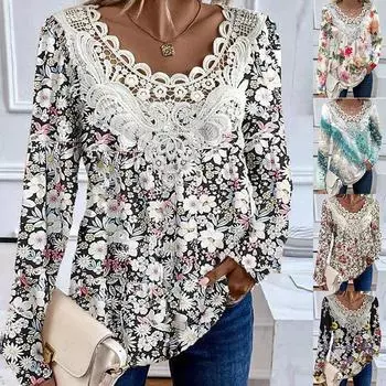 Женские футболки Повседневные топы с круглым вырезом и длинными рукавами Осенний пуловер Разноцветная женская футболка с принтом и кружевной строчкой S