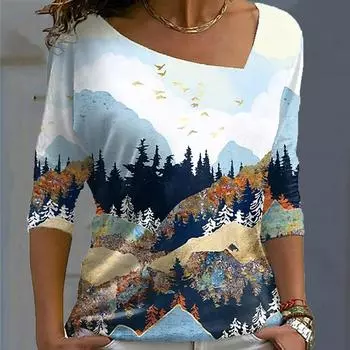 Женские футболки с 3D цветком и длинными рукавами, свободный топ, винтажная футболка с принтом больших размеров, женские осенние футболки с нерегулярным v-образным вырезом S