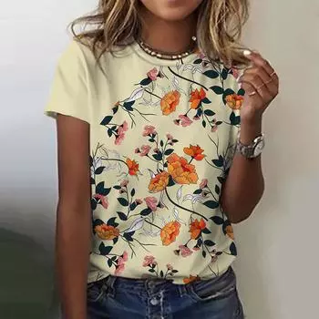 Женские футболки с 3D цветочным принтом, летние повседневные футболки с короткими рукавами, женская одежда большого размера с круглым вырезом, модная свободная уличная одежда S
