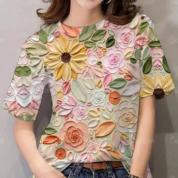 Женские футболки с 3D-цветочным принтом, повседневный пуловер, летние свободные футболки с короткими рукавами, модная женская одежда XXS-6xl XXS