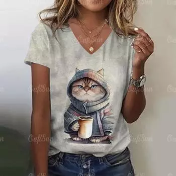 Женские футболки с 3D мультяшным котом и принтом милых животных, повседневная уличная одежда, футболки с короткими рукавами, пуловеры, новые летние женские топы S