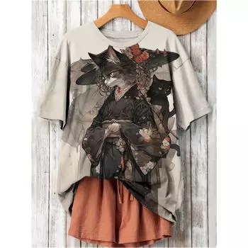 Женские футболки с 3D-принтом Cartoon Cat, футболка Harajuku Cartoon, повседневная футболка с коротким рукавом и круглым вырезом, женская одежда больших размеров S