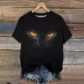 Женские футболки с 3D-принтом и черным котом, с круглым вырезом и коротким рукавом, женская модная одежда, свободные, большие размеры, уличная одежда, летние вентилируемые топы XL